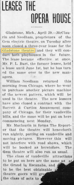 Gladstone Theatre - 30 Apr 1911 Article (newer photo)